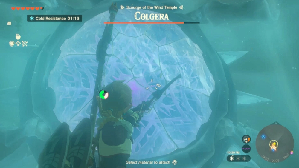 Link dispara al punto débil de Colgera en Zelda TOTK.