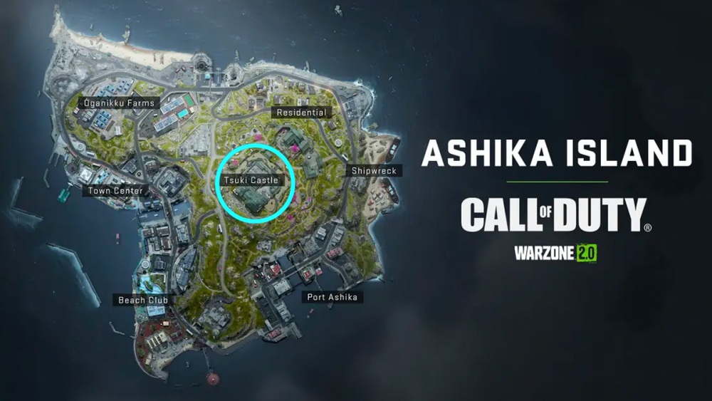 Mapa de la isla Ashika en Warzone con Castle en un círculo