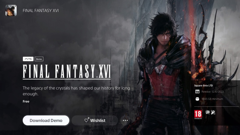 Pantalla de descarga de demostración de Final Fantasy XVI en PlayStation Store