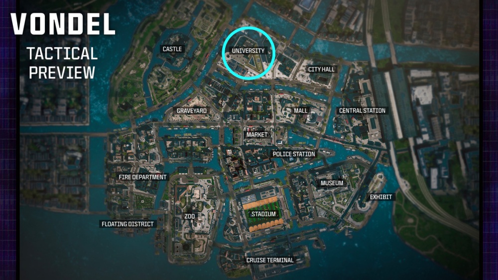 La Universidad de Vondel en un círculo en el mapa de Vondel Warzone