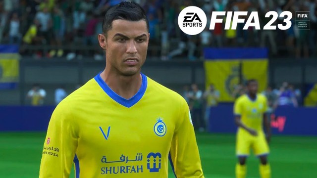 Cristiano Ronaldo para Al Nassr en FIFA 23 con logo arriba a la derecha