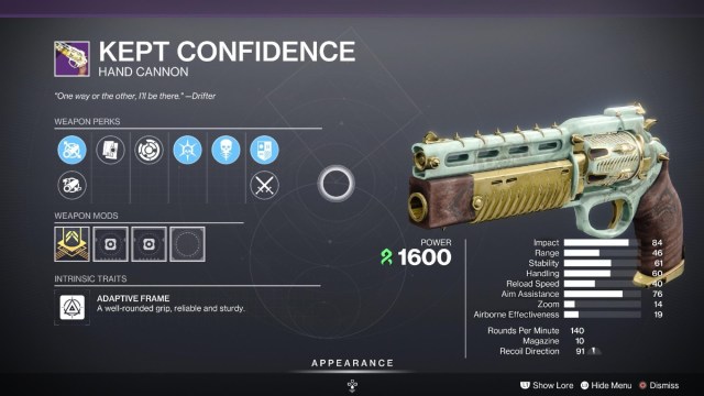 Cómo mantener la confianza en el cañón de mano en Destiny 2 y qué es el God Roll