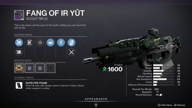 Destiny 2 Colmillo de Ir Yut Scout Rifle