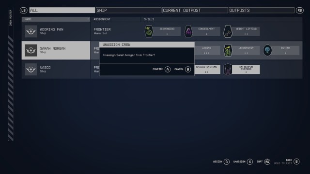 cómo desasignar compañeros de tu tripulación en Starfield