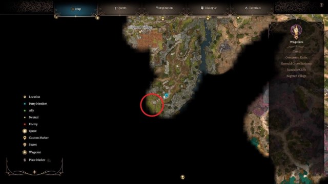 Mapa de Baldur's Gate 3 que muestra la ubicación de la tía Ethel para la misión Salvar a Mayrina