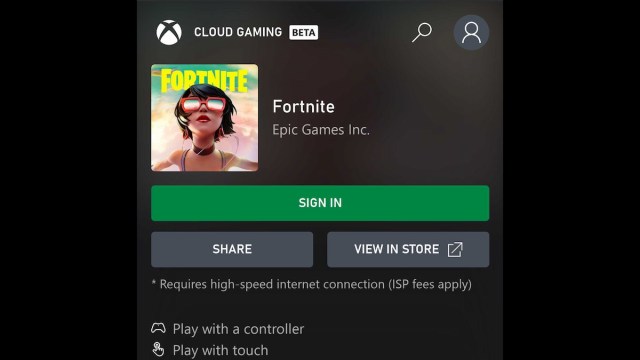 Página de Fortnite del juego en la nube de Xbox