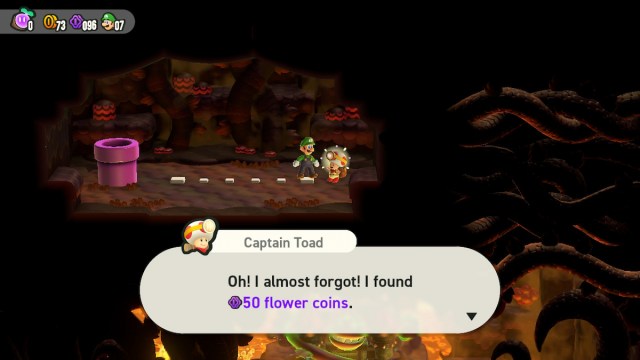 hablar con el Capitán Toad te da 50 monedas de flores