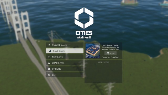 Menú para guardar el juego City Skylines 2