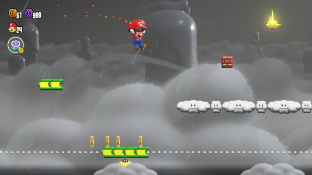 flotando con una gorra en el tormentoso nivel de Mario Wonder