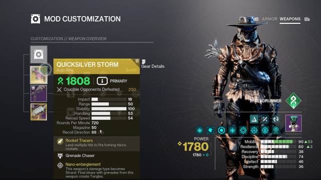 La pantalla de modificación en el inventario de tu Guardián en Destiny 2