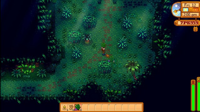 Cosecha de helecho Fiddlehead en Stardew Valley.