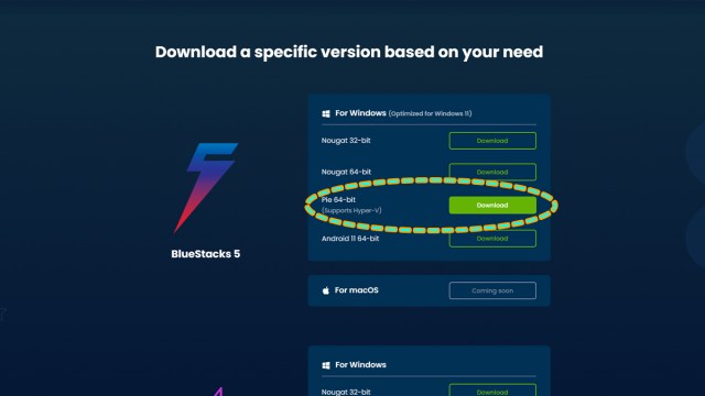 Página de descarga de Bluestacks con la versión Pie de 64 bits marcada con un círculo