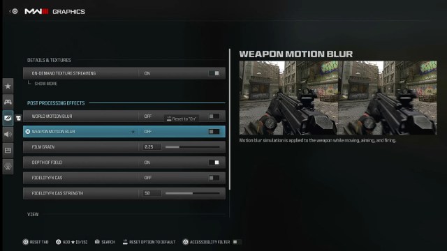 La configuración de gráficos en Modern Warfare 3.