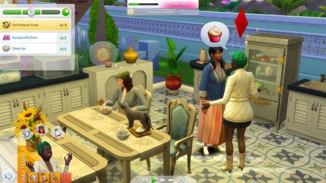 Sims charlando en el evento Potluck de Los Sims 4