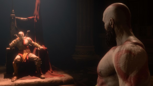 Ktratos observa a su yo más joven en el trono de Ares durante el final de la historia de God of War Ragnarok Valhalla.