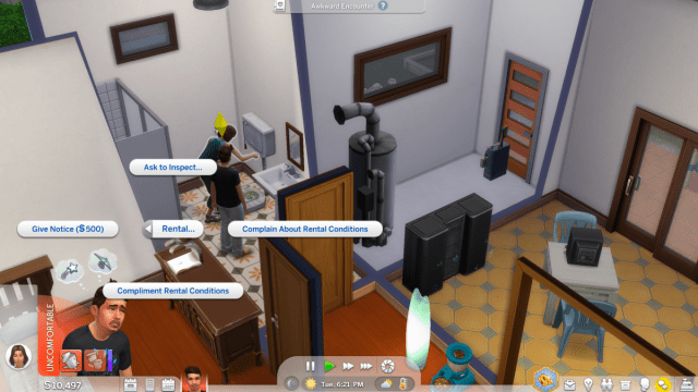 Dueño en Sims 4 reparando el inodoro.