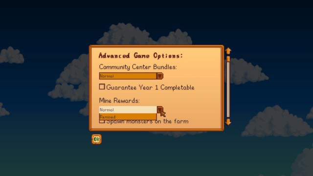 Menú de opciones avanzadas del juego Stardew Valley