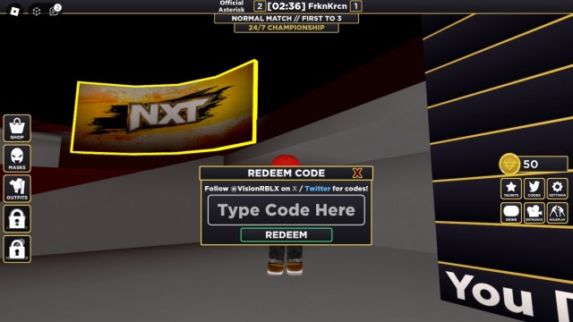 La página de canje de códigos en Roblox WWE 2K23.