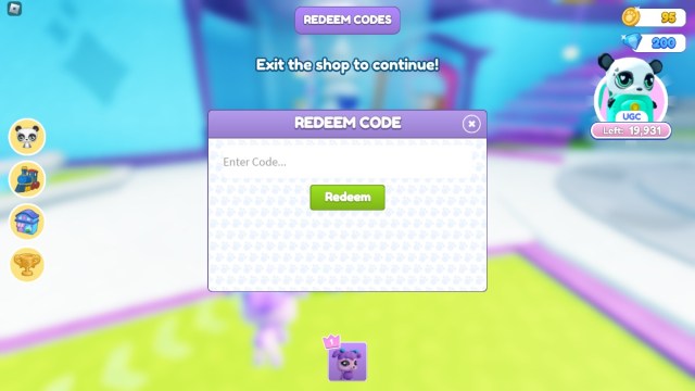 La pantalla de canje de códigos en Roblox Littlest Pet Shop.