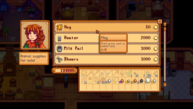 Tienda de suministros de Stardew Valley Marnie Hay alimentando a los animales