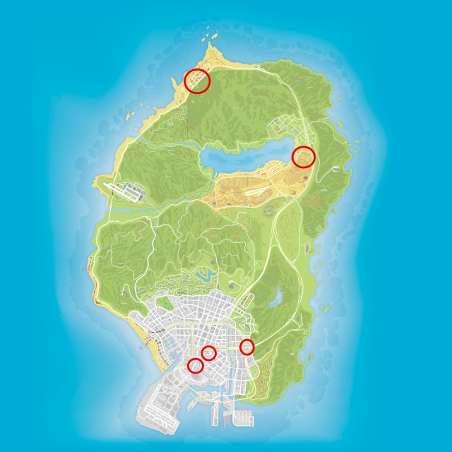 El mapa de GTA Online que muestra la ubicación de los depósitos de salvamento.