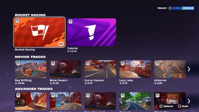 El menú de selección de carrera en Fortnite Rocket Racing.