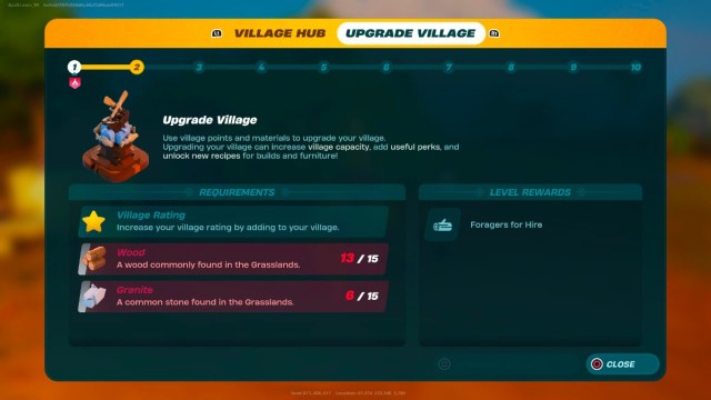 El menú de actualización de la aldea en LEGO Fortnite.