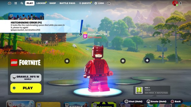 error de emparejamiento de lego fortnite