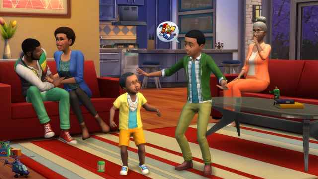 Una familia Sims estaba sentada en su sala de estar.