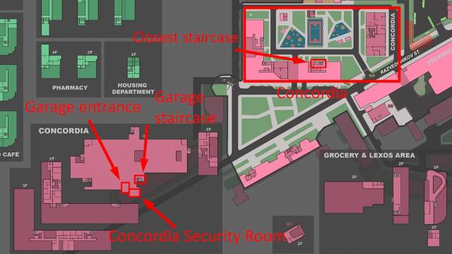 Mapa de la sala de seguridad Concordia en Escape From Tarkov donde se utiliza la clave CSR