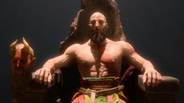Kratos y Mimir sentados en el trono durante el final del DLC God of War Ragnarok Valhalla