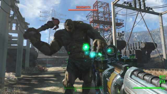 Un Behemoth levanta un arma para golpear al jugador principal de Fallout 4.