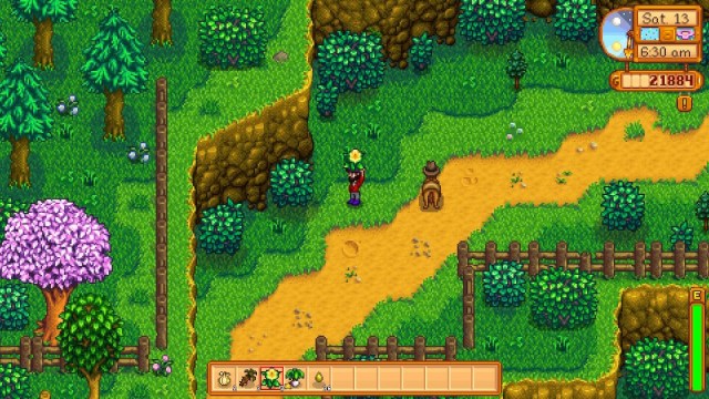 Narciso de Stardew Valley buscando comida en primavera