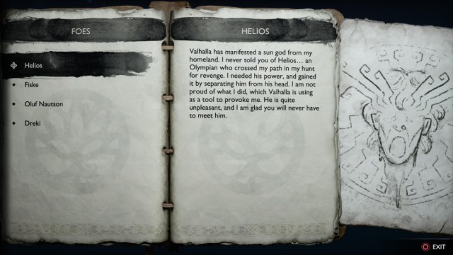 Un libro que muestra la lista de Helios en God of War Ragnarok Valhalla.