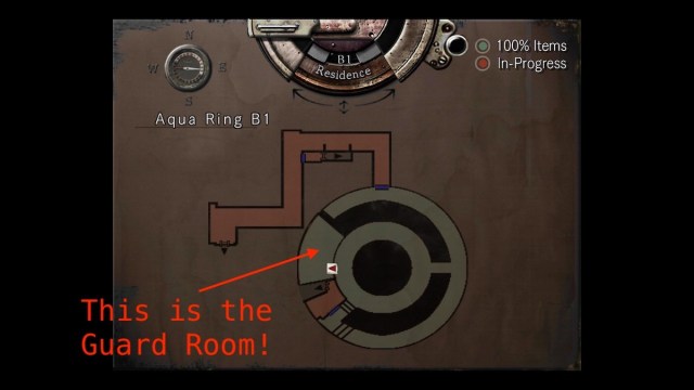 Un mapa del Aqua Ring en Resident Evil (2002).  La sala de guardia está resaltada por una flecha.