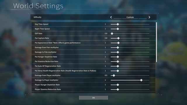 Configuraciones de dificultad personalizadas en Palworld.