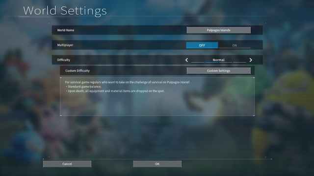 Nivel de dificultad normal en Palworld.