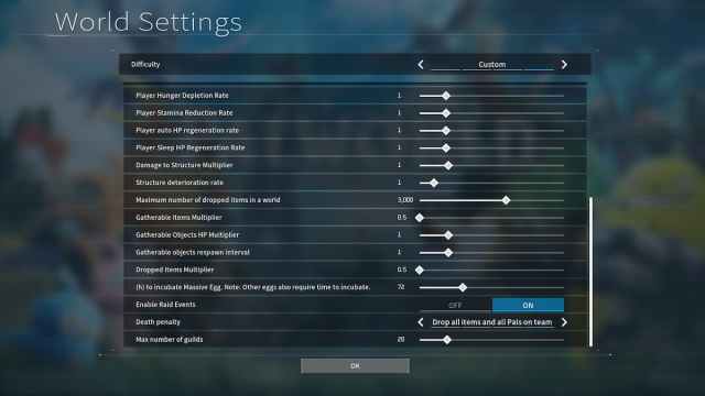 Configuraciones de dificultad personalizadas en Palworld.