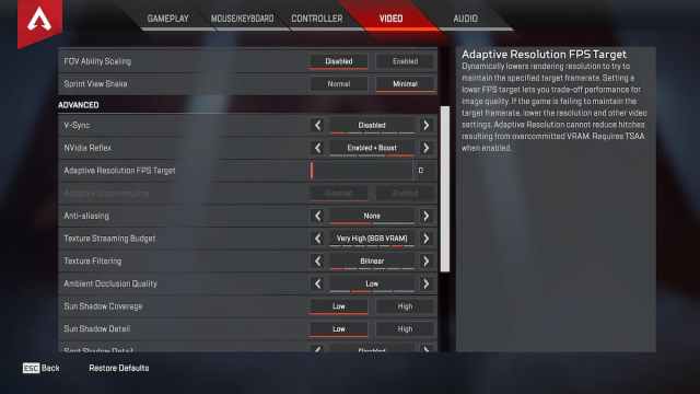 Configuración de vídeo de Aceu para Apex Legends