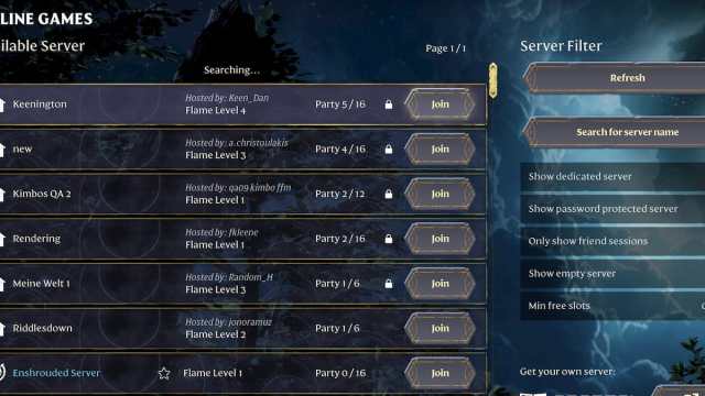 Lista de servidores multijugador en Enshrouded