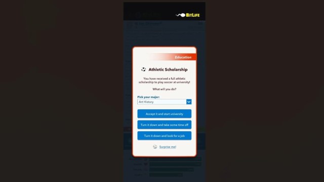 Pantalla de becas deportivas en BitLife