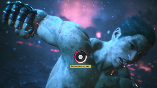 Kazuya prepara su golpe con un botón en pantalla en Tekken 8