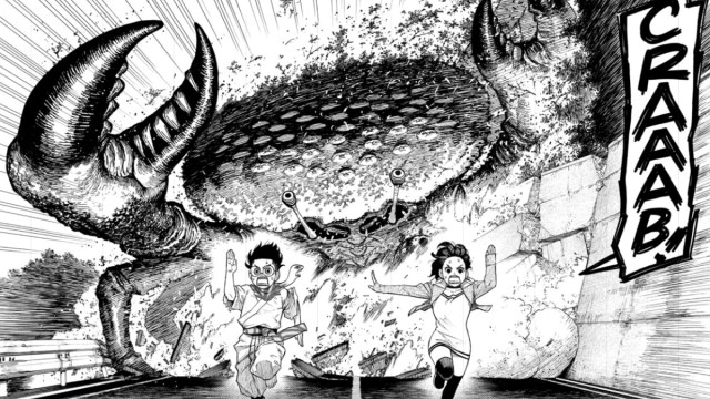 Takakura y Momo huyen de un cangrejo gigante en Dandadan Capítulo 6