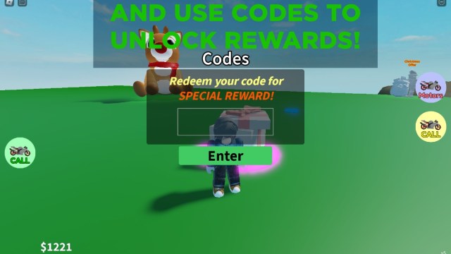 La pantalla de canje de códigos en Motorcycle Around Nothing en Roblox.