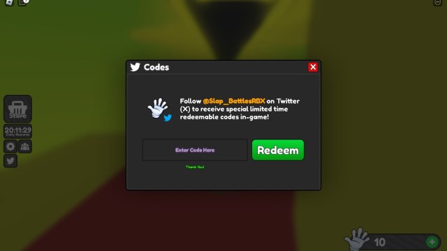 El cuadro de canje de códigos en Slap Battles en Roblox.