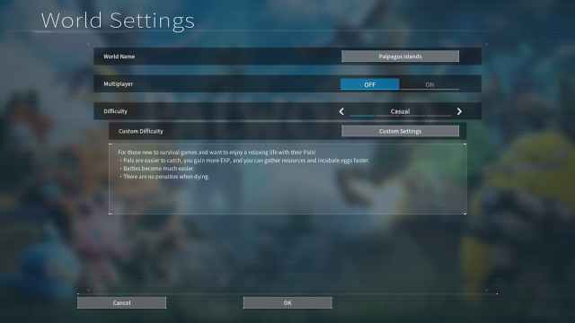 Nivel de dificultad casual en Palworld.