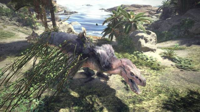 Un jugador montado en una enorme bestia en Monster Hunter World.