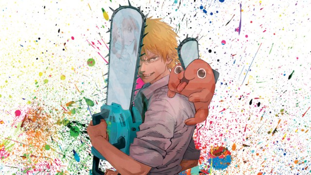 Denji sosteniendo una motosierra con Makima reflejada en la hoja en el arte promocional del manga Chainsaw Man.