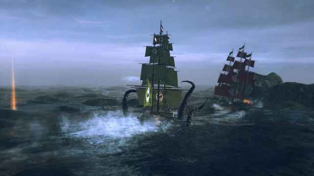 Barco devorado por un Kraken en la tormenta (bajo la Jolly Roger)