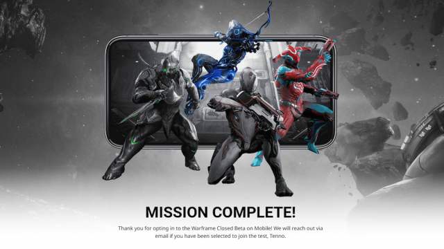 Mensaje de registro exitoso de la beta cerrada de Warframe Mobile Android